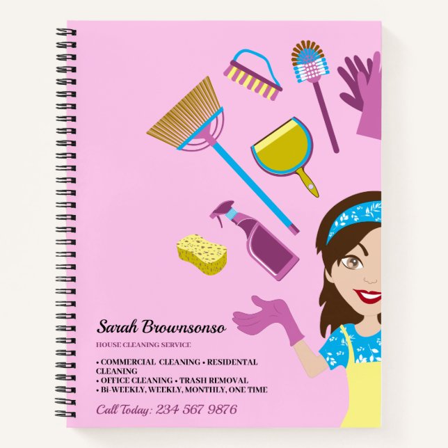 Pink Purple Lady Janitorial Cartoon Brand Notebook (Front)