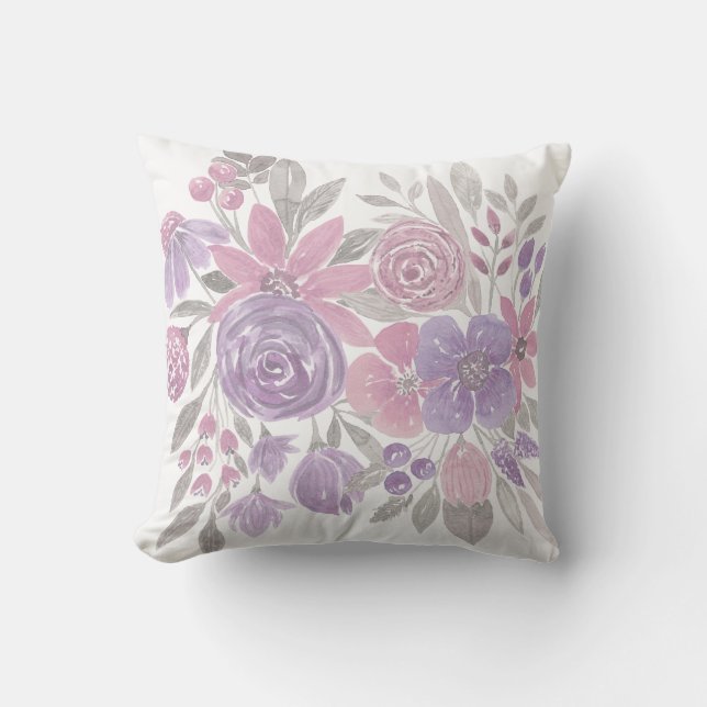 Pink Purple Light Sage Green Floral Watercolor Cushion (Front)
