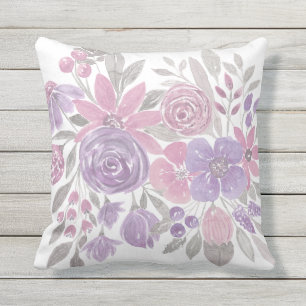 Pink Purple Light Sage Green Floral Watercolor Cushion