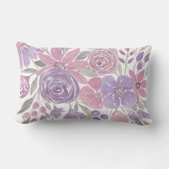 Pink Purple Light Sage Green Floral Watercolor Lumbar Cushion (Front)