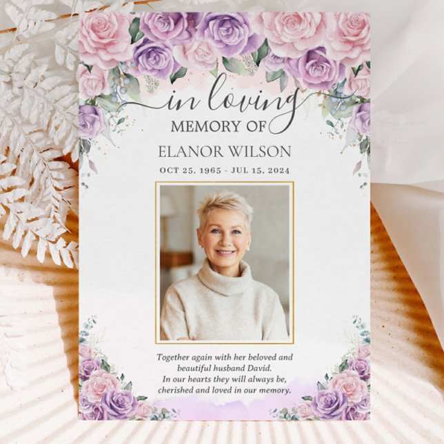 Pink Purple Lilac Floral Photo Funeral Memorial Thank You Card (light-pale-pink-purple-lilac-roses-flowers-floral-photograph-funeral-thank-you-cards-printed)