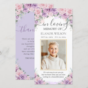 Pink Purple Lilac Floral Photo Funeral Memorial Thank You Card