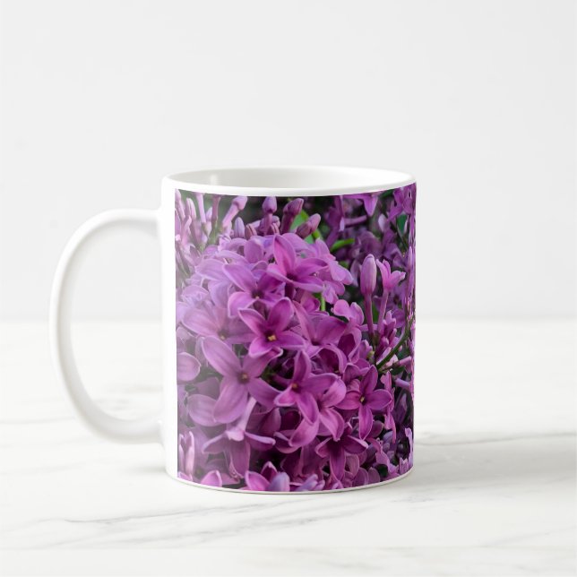 Pink purple lilacs | romantic pink floral photo coffee mug (Left)