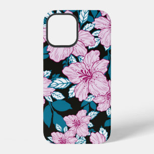 pink purple lily flower blue leaf black background iPhone 12 case