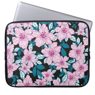 pink purple lily flower blue leaf black background laptop sleeve