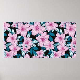 pink purple lily flower blue leaf black background poster