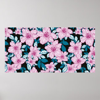 pink purple lily flower blue leaf black background poster