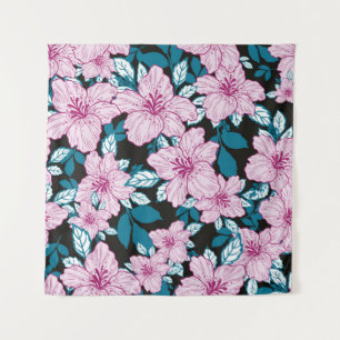 pink purple lily flower blue leaf black background tapestry