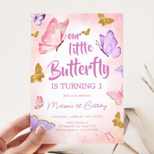 Pink Purple Little Butterfly Birthday Party Invitation