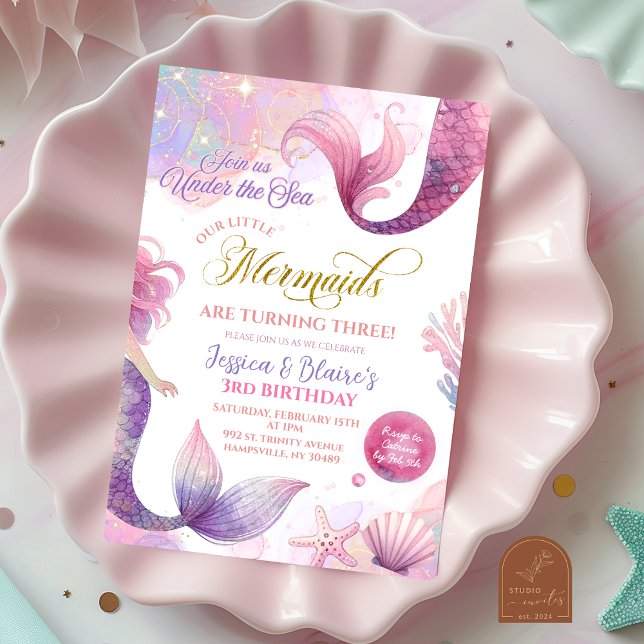 Pink Purple Little Two Mermaids Twins Birthday  Invitation (Creator Uploaded)