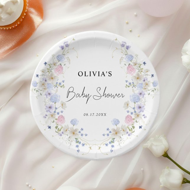 Pink Purple Little Wildflower Girl Baby Shower Paper Plate (Creator Uploaded)