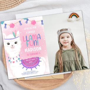 Pink & Purple Llama Birthday Invitation with Photo