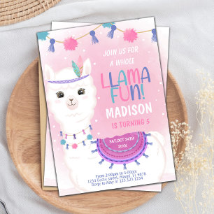 Pink Purple Llama Birthday Invitations