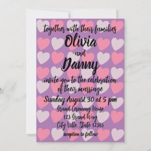 Pink Purple Love Hearts Pattern Romantic Wedding Invitation