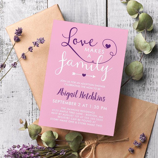 Pink Purple Love Makes A Family Adoption Shower Invitation (Creator Uploaded)