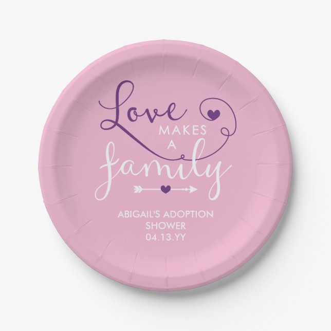Pink Purple Love Makes A Family Adoption Shower Paper Plate (Front)