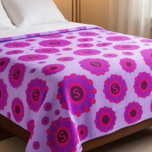 Pink Purple Magenta Floral Initial Fleece Blanket