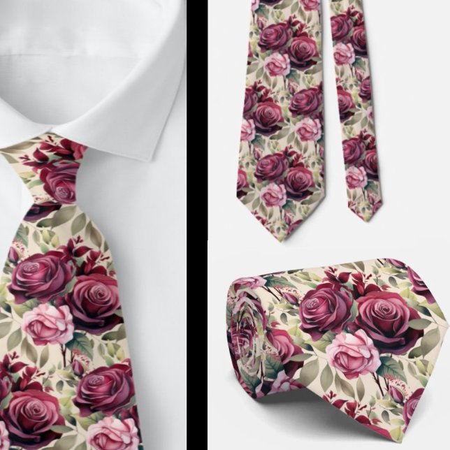Pink Purple Mauve Red Roses Watercolor Neck Tie (Creator Uploaded)