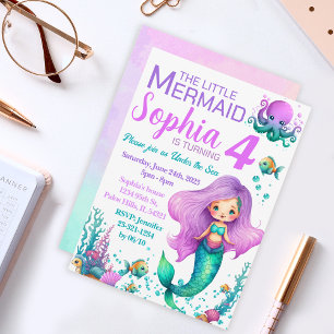 Pink purple mermaid birthday invitation