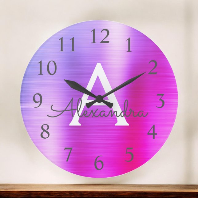 Pink Purple Metallic Monogram Name & Initial Large Clock (Creator Uploaded)