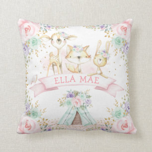 Pink Purple Mint Floral Tribal Woodland Animals Cushion
