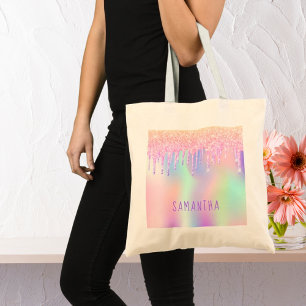 Pink purple mint glitter drips name tote bag