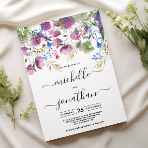 Pink purple mint gold wild flower wedding invitation