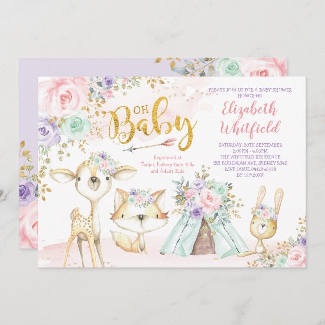 Pink Purple Mint Tribal Woodland Baby Shower Invitation (Front/Back)