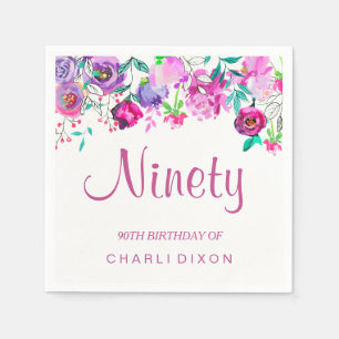 Pink Purple Mint Watercolor Flowers 90th Birthday Napkin