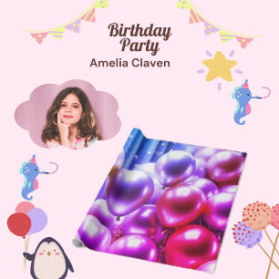 Pink Purple Modern Balloon Photo Birthday Party Wrapping Paper