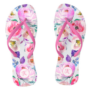 Pink Purple Monogram Floral Painted Thongs