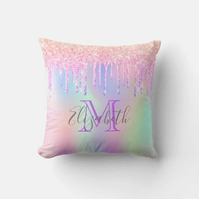 Pink purple monogram holographic drips cushion (Front)
