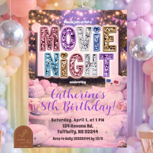  Pink Purple Movie Night Party Invitation