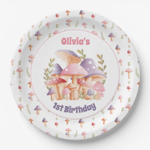 Pink Purple Mushrooms 1st Birthday Fall Paper Plate