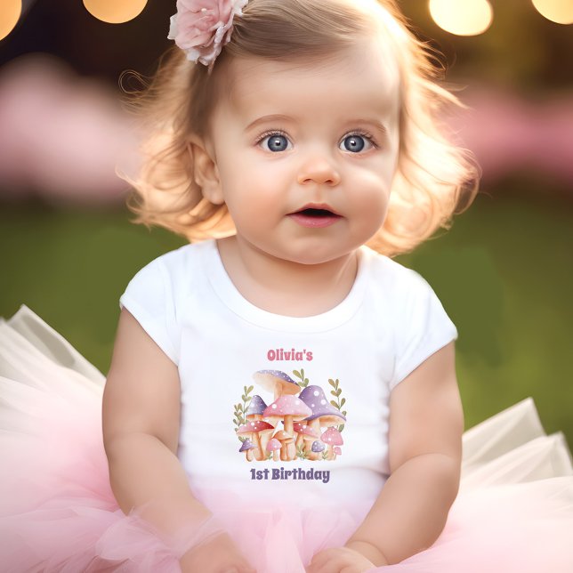 Pink Purple Mushrooms Fall 1st Birthday Baby Girl T-Shirt (Pink Purple Mushrooms Fall 1st Birthday Baby Girl Baby T-Shirt)