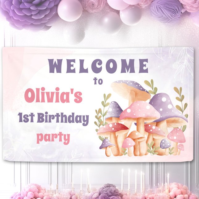 Pink Purple Mushrooms Fall 1st Birthday Banner (Pink Purple Mushrooms Fall 1st Birthday Banner)