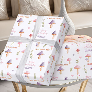 Pink Purple Mushrooms Fall Name Girl Birthday Wrapping Paper