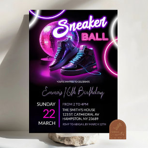 Pink Purple Neon Discoball Sneakerball Birthday Invitation