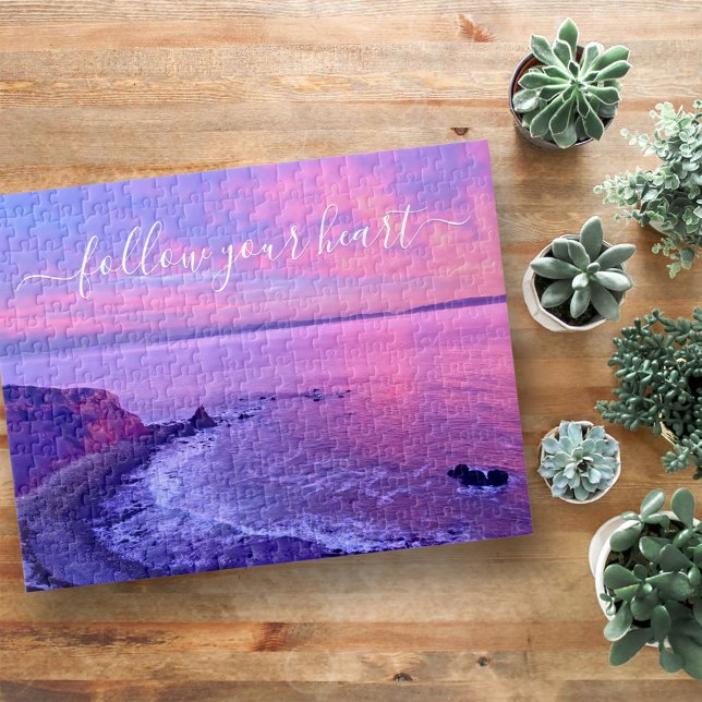 Pink Purple Ocean Beach Sunset Follow Your Heart Jigsaw Puzzle (Creator Uploaded)