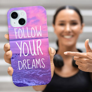 Pink Purple Ocean Sunset "Follow Your Dreams" iPhone 15 Case