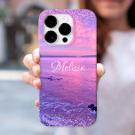Pink Purple Ocean Sunset Girly Glam Confetti Name iPhone 16 Pro Case<br><div class="desc">Remember your summer vacation each time you use this personalised name cell phone case. Enjoy the solitude of the California Pacific Ocean with this stunning, purple, pink and blue sunset photo, tipped with tiny, sparkly purple and gold, girly glam confetti dots. Makes a great gift for someone special! Just type...</div>