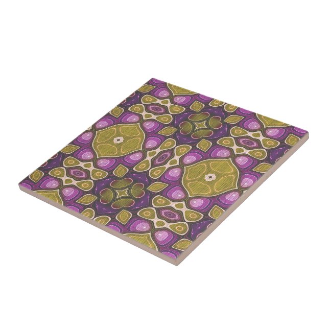 Pink Purple Ochre Olive Green Ethnic Tribe Art Ceramic Tile (Side)