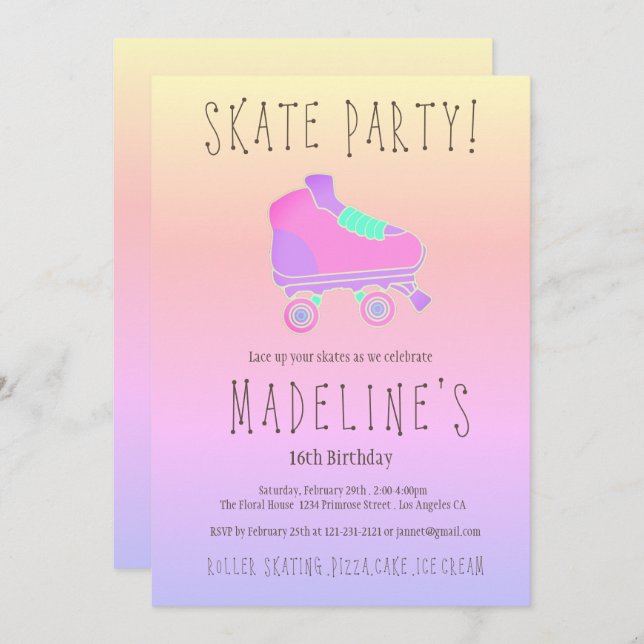 Pink purple ombre elegant Sweet 16 Roller Skate Invitation (Front/Back)