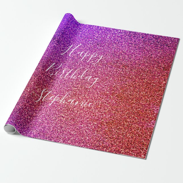 Pink Purple Ombre Happy Birthday Custom Name Wrapping Paper (Unrolled)