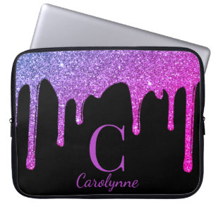 Pink Purple Ombre Sparkle Glitter Drips Monogram Laptop Sleeve