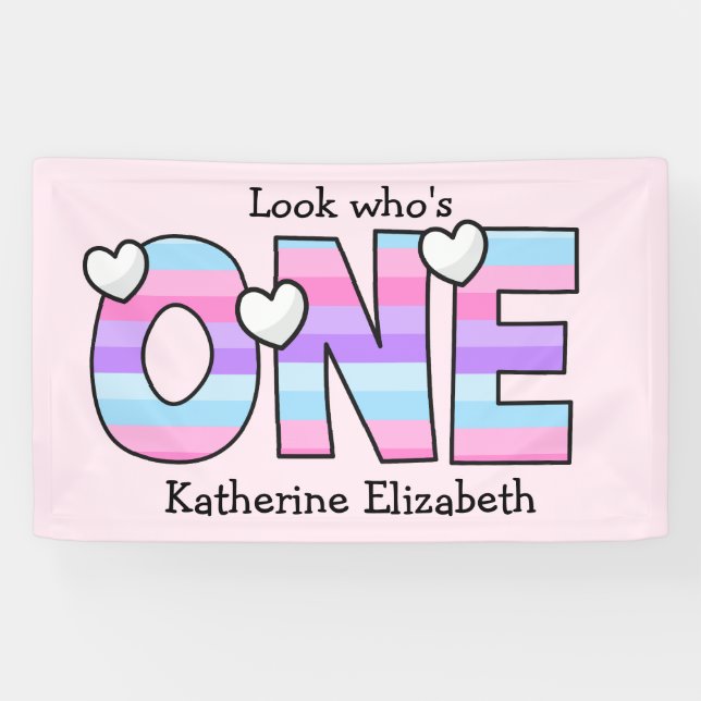 Pink Purple Ombre Stripes Hearts First Birthday Banner (Horizontal)