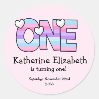 Pink Purple Ombre Stripes Hearts First Birthday Classic Round Sticker