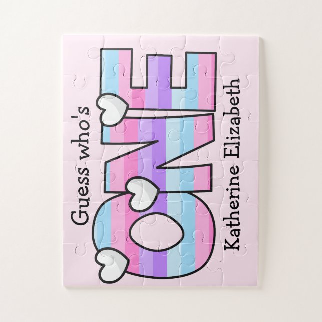 Pink Purple Ombre Stripes Hearts First Birthday Jigsaw Puzzle (Vertical)