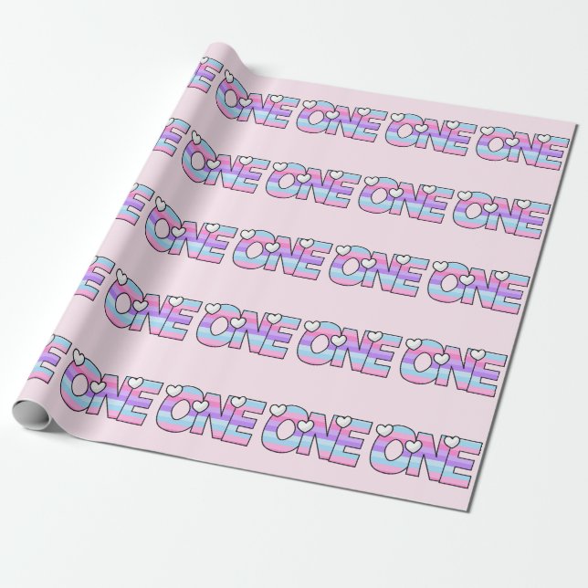 Pink Purple Ombre Stripes Hearts First Birthday Wrapping Paper (Unrolled)