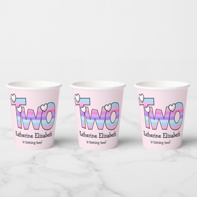 Pink Purple Ombre Stripes Hearts Second Birthday Paper Cups (Multi)